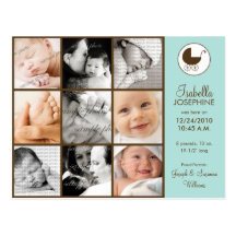 Photo Collage Aqua Green Baby Birth Announcement Post Card