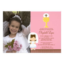 Photo First Communion Invitation Brunette Girl