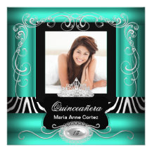 Photo Quinceanera 15th Birthday Jade Teal Zebra Invitations