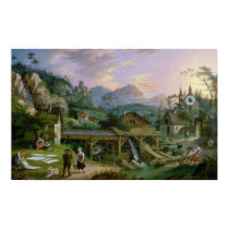 Picture Clock with scene of an Alpine village posters