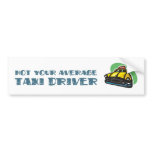 Picture of a yellow cab with green background bumper stickers