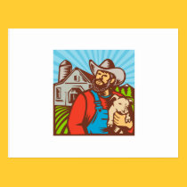 Pig Farmer Holding Piglet Barn Retro postcards