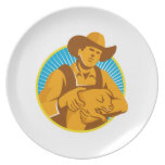 Pig Farmer Holding Piglet Front Retro Plate