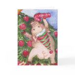 Pig with a Candy Cane admiring Christmas Tree Greeting Card