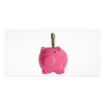 Piggy bank with money photo card template