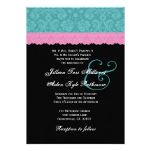 Pink and Aqua Damask  Lace Wedding Monogram P524 Announcement