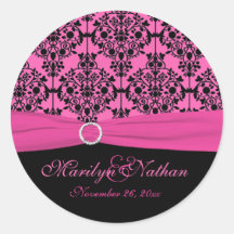 Pink and Black Damask 1.5" Round Sticker