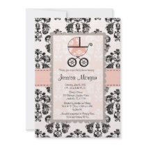 Pink and Black Damask Baby Shower Invitations