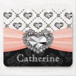 Pink and Black Damask Diamond Mouse Pad Heart