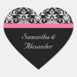 Pink and Black Damask Heart Damask Sticker Seal