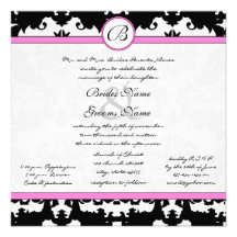Pink and Black Damask Swirls Wedding Invitation