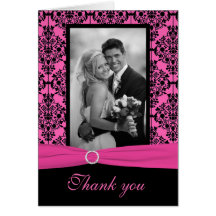 Pink and Black Damask Thank You Card with Photo
