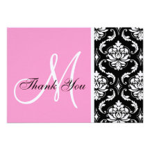 Pink and Black Damask Wedding Thank You Card Invitation