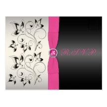 Pink and Black Floral RSVP Postcard