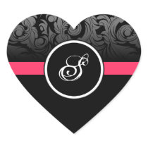 Pink and Black Monogram Heart Damask Stickers