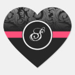 Pink and Black Monogram Heart Damask Stickers