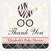 Pink and Black Zebra Print Baby Carriage Thank You Square Stickers