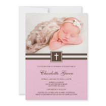 Pink and Brown Cross Girl Photo Baptism Invites