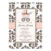 Pink and Brown Damask Baby Shower Invitations