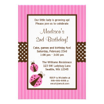 Pink and Brown Ladybug Striped Dots Birthday Party Personalized Announcement