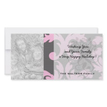 pink and deep grey large damask personalized photo card