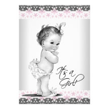 Pink and Gray Vintage Baby Girl Shower Custom Announcement