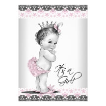 Pink and Gray Vintage Baby Girl Shower Personalized Invites