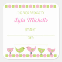 Pink and Green Birds Girl Book Plate bookplates Sticker