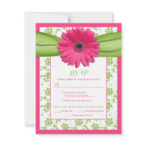 Pink and Green Floral Damask Wedding Reply Card Announcements
