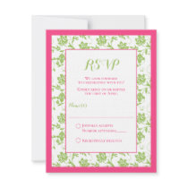 Pink and Green Floral Damask Wedding Reply Card Custom Invitation