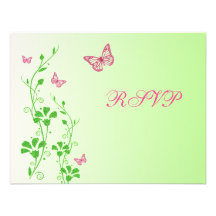Pink and Green Floral with Butterflies Reply Card Personalized Invite