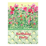 Pink and Green Flower Border Birthday Party Custom Invitations