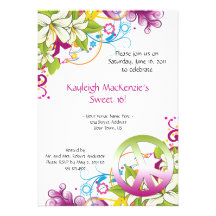 Pink and Green Flowers Peace Sign Sweet 16 Personalized Invite