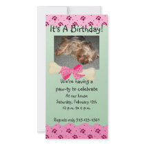 Pink and Green Paw Print Birthday Invitation Photo Greeting Card
