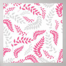 Pink and Grey Ferns Foliage on white Print