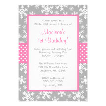 Pink and Grey Snowflakes Winter Onederland Invitation