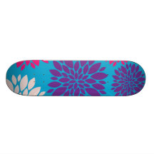 Pink and Purple Flowers on Teal Blue Skateboard