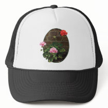Pink and Red Geraniums Against Brick