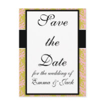 pink and spring green damask design post card