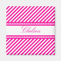 Pink and White Diagonal Stripes Fridge Magnet