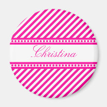Pink and White Diagonal Stripes Fridge Magnets