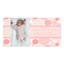 Pink and white modern dots girls baby announcement personalized photo card