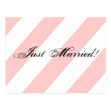Pink and white stripe "Just Married!" postcard