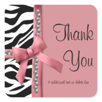 Pink And White Zebra Striped With Silver Pearls Square Sticker