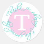 Pink, Aqua Monogram T Thank You Sticker 5