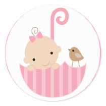 Pink Baby in Umbrella Round Stickers