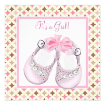 Pink Baby Shoes Pink Brown Baby Girl Shower Personalized Invitation