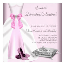 Pink Ball Gown High Heel Shoes Quinceanera Invitations
