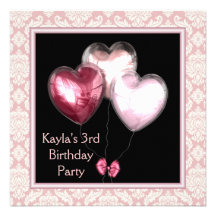 Pink Balloon Hearts Damask 3rd Birthday Party Invitations