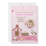 Pink Barn Animal Farm PHOTO Birthday Invitations